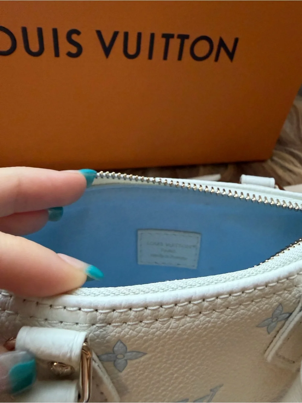 Louis Vuitton White Mini Speedy with Light Blue Monogram